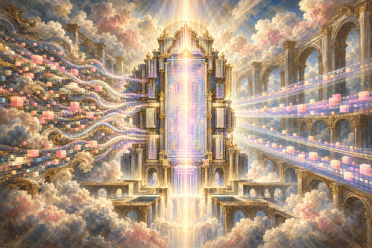 Renaissance-inspired painting of a luminous GPU compute cathedral receiving dense token streams and releasing orderly high-throughput streams