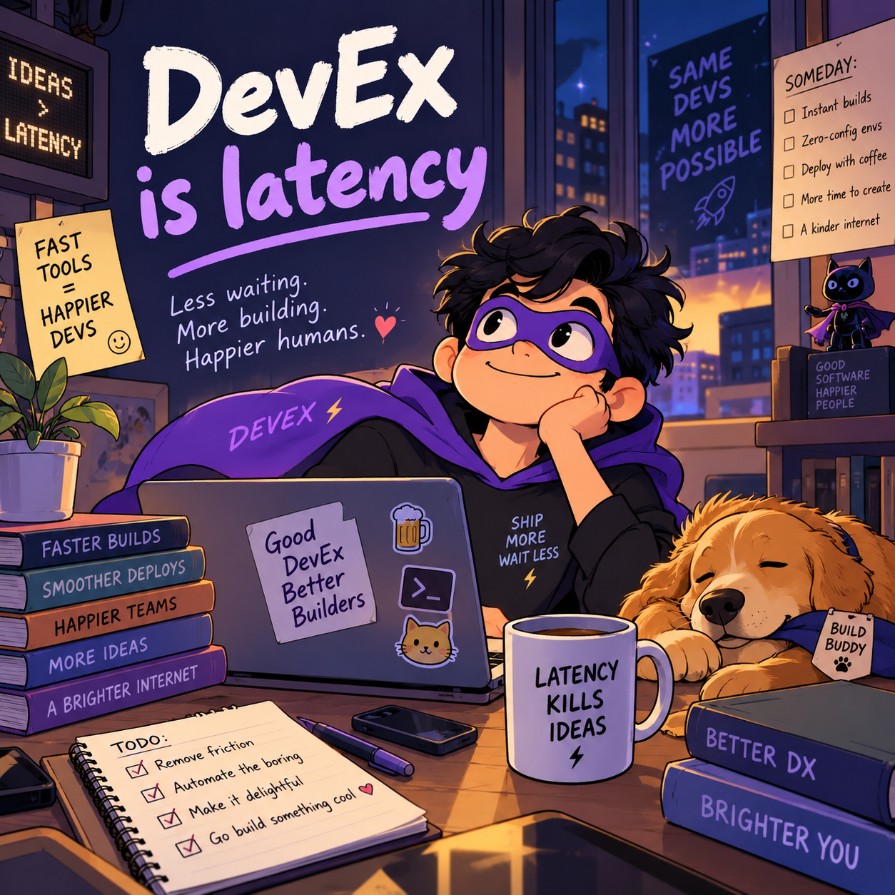 Comic-style DevEx hero showing a developer at a late-night desk surrounded by notes about fast builds, smooth deploys, and reducing latency.
